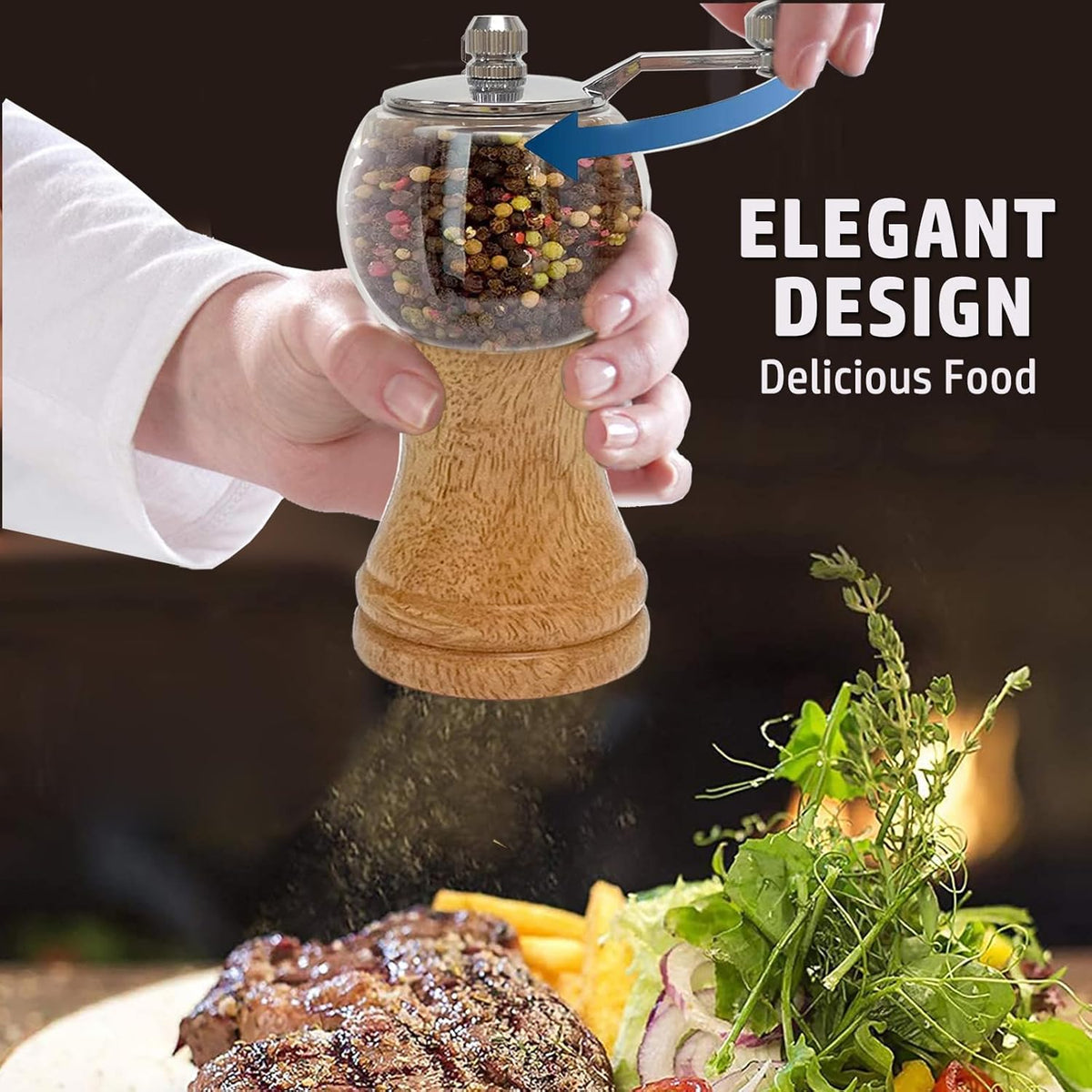 Pepper Mill Set, Classical Hand Shake Wood Pepper Grinder Set & Salt Mill, Wooden & Acrylic,Ceramic Blades Upgrade Metal Handle,Enjoy Fresh Ground Pepper Various Spices (Burlywood 2pcs-5in)