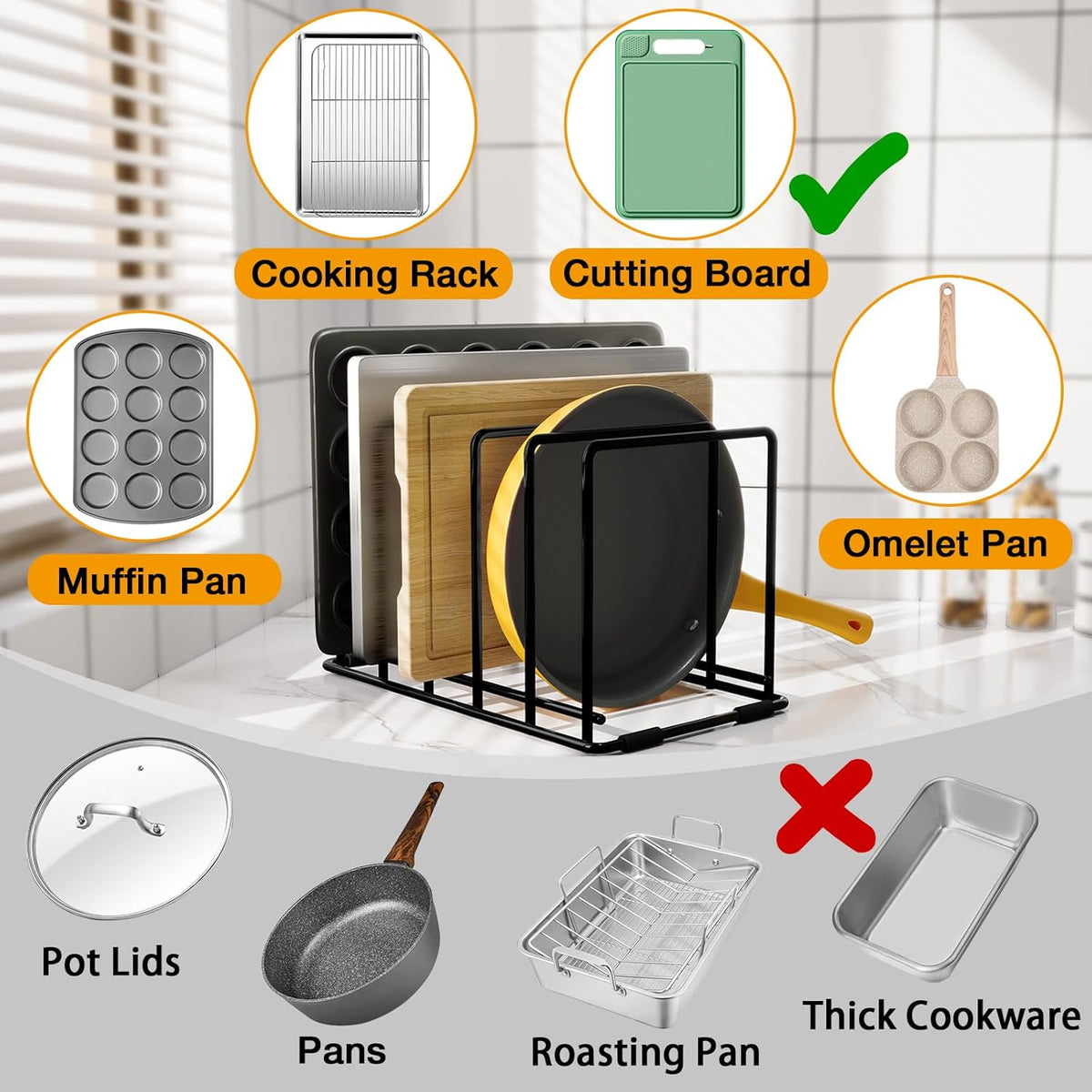 Space-Saving Kitchen Organizer Rack - 5-Slot Heavy-Duty Cutting Board and Bakeware Holder, Rust-Resistant with Anti-Slip Feet for Countertop or Cabinet Storage - 2 pack