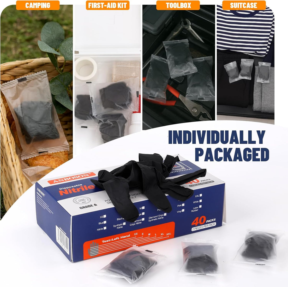 Disposable Nitrile Gloves 5mil, Individually Wrapped 40 Pairs (80 Gloves), Latex Free, Powder Free, Strong Durable Gloves for Food Prep, Cleaning, Automotive, Industrial, Travel Use X-Large