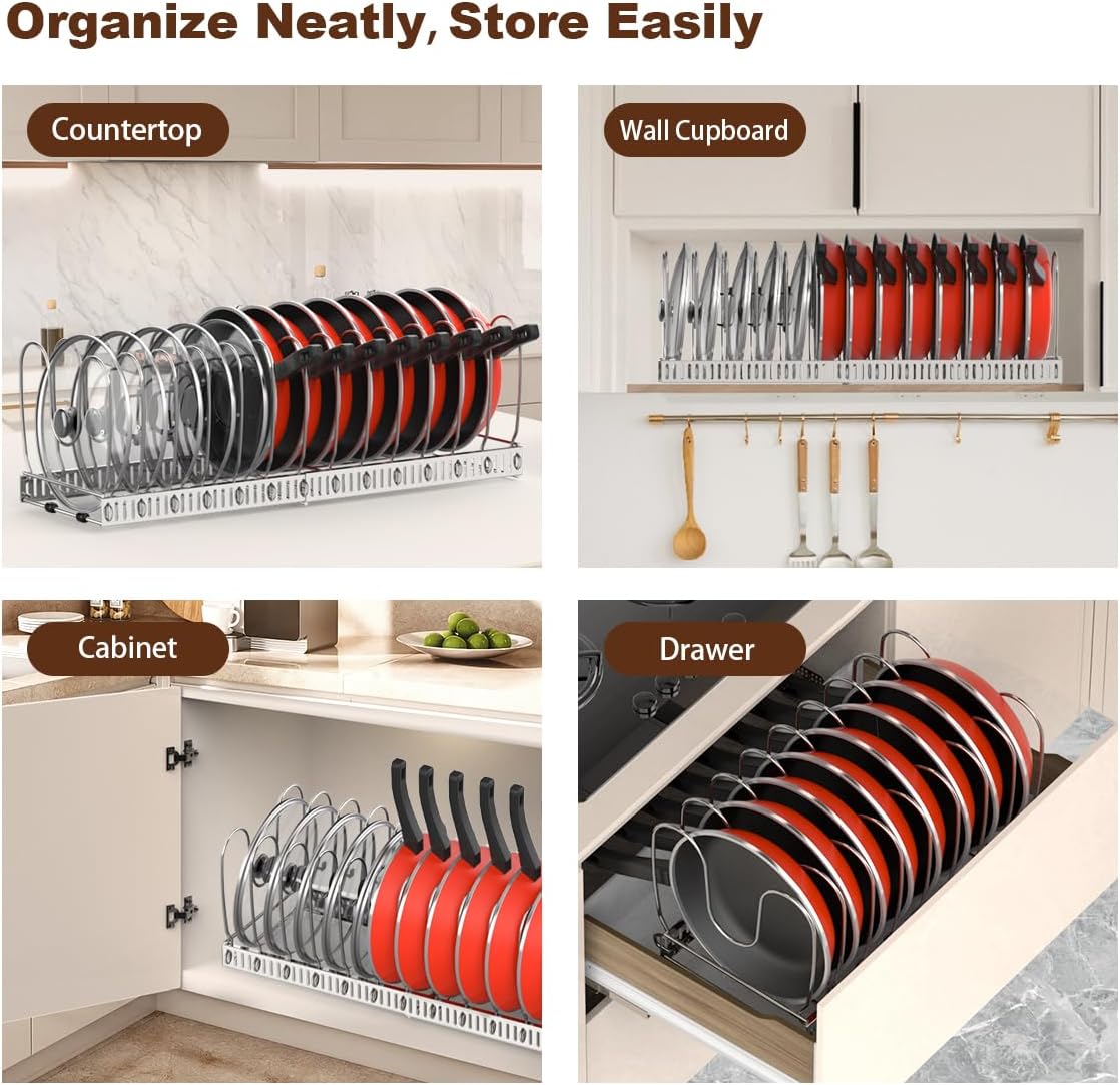 Housolution Pot and Pan Organizer Rack for Cabinet, Stainless Steel Expandable Pot Lid Organizer with 14 Adjustable Dividers, Pot and Pan Holder Rack Storage Organizer for Kitchen, Silver