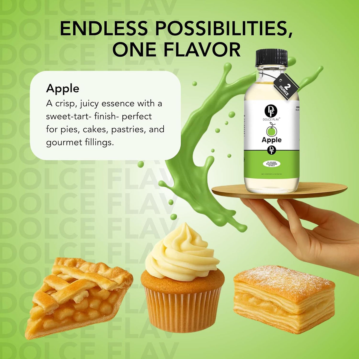 Dolce Flav Apple Extract – 2 Ounce Oil-Soluble Kosher, Sugar-Free, Concentrated Crisp Apple Flavoring for Baking, Chocolates & Desserts, Includes Measured Dropper