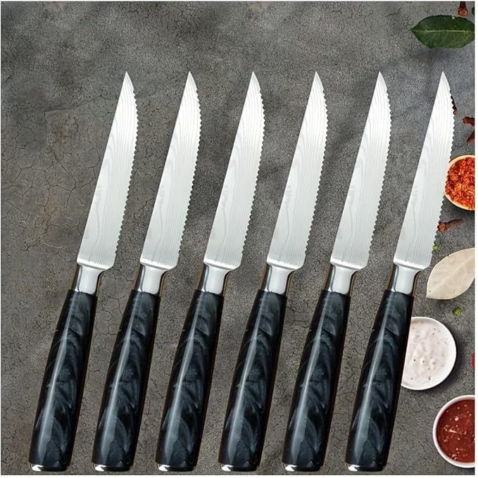 6-Piece Premium Japanese Kitchen Knife Set - Imperial Collection, Laser Damascus Pattern, 440A Stainless Steel Ultra Sharp for Fast Cutting (Black 6SK)