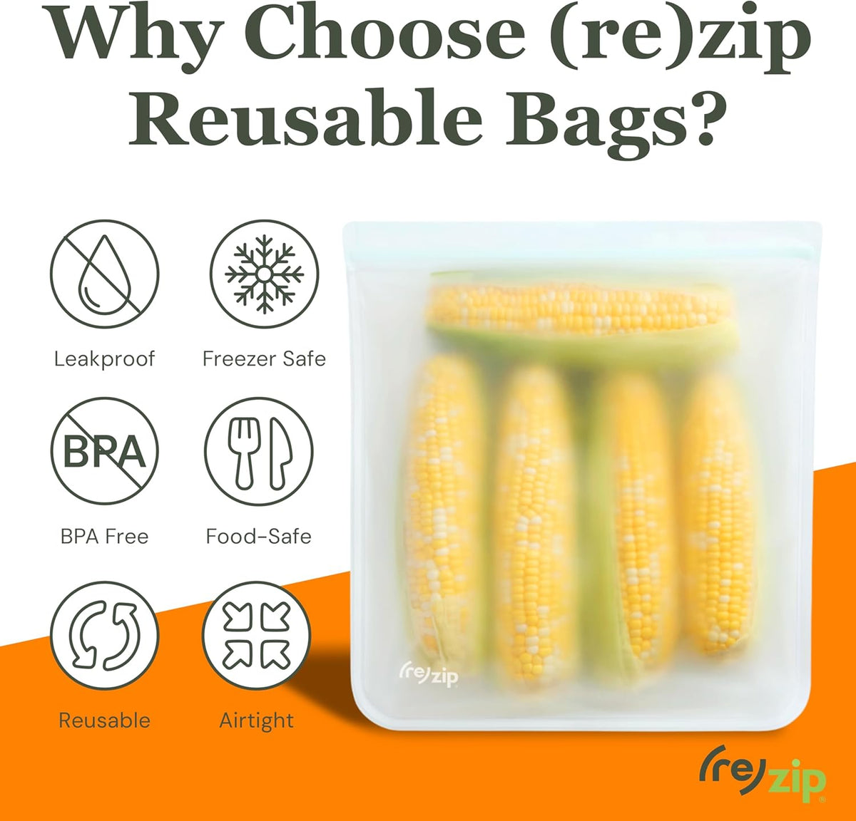 (re) zip 4-Piece Reusable Food Storage Bag Kit – Leakproof, Airtight, BPA-Free, Food-Safe PEVA – Freezer Safe & Travel Friendly – Includes 1 Gallon, 2 Sandwich & 1 Snack Bag