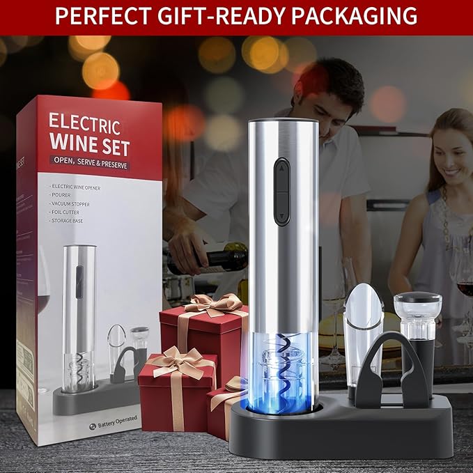 5-in-1 Electric Wine Opener Set Automatic Wine Opener Battery Operated Wine Bottle Opener with Wine Stopper, Wine Pour, Foil Cutter, Storage Base, Gift For Wine Loversļ¼Stainless Steel ļ¼