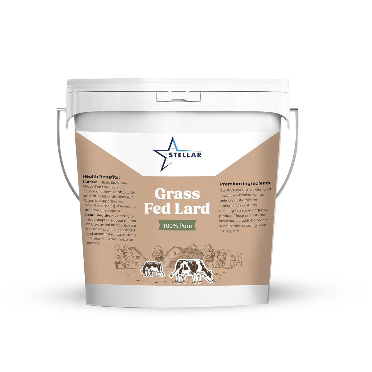 Stellar - 100% Pure Grass Fed Lard - Food Grade - 5 LBS