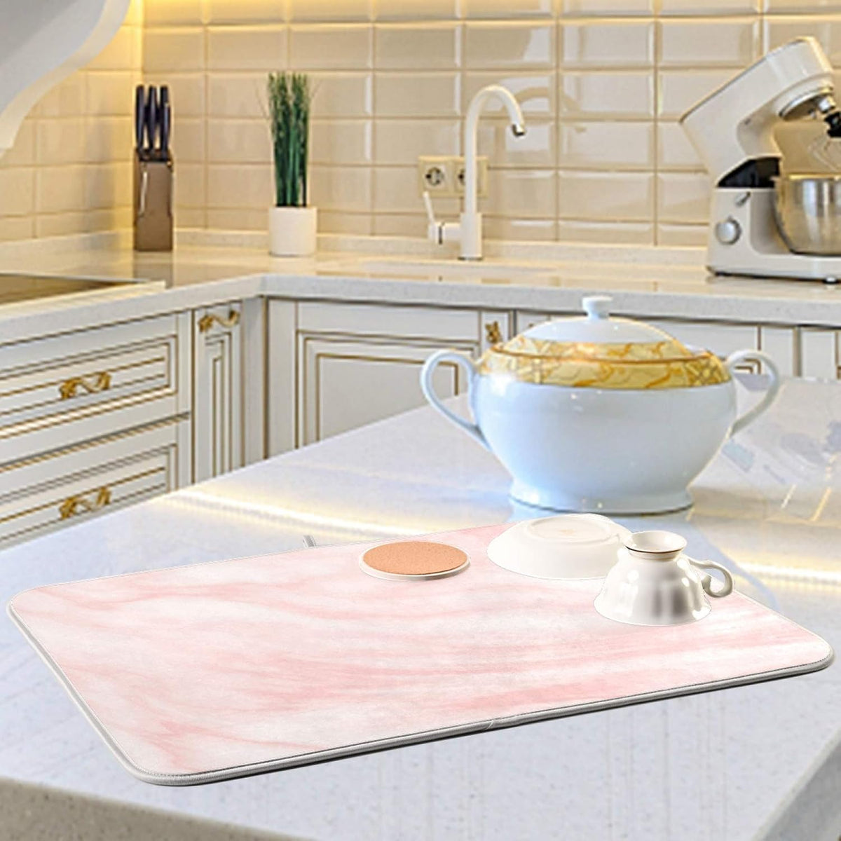 Super Absorbent Dish Drying Mat Microfiber Fast-Drying Dish Mat 16" x 18" Kitchen Dish Drying Pad Pink Coral Marble