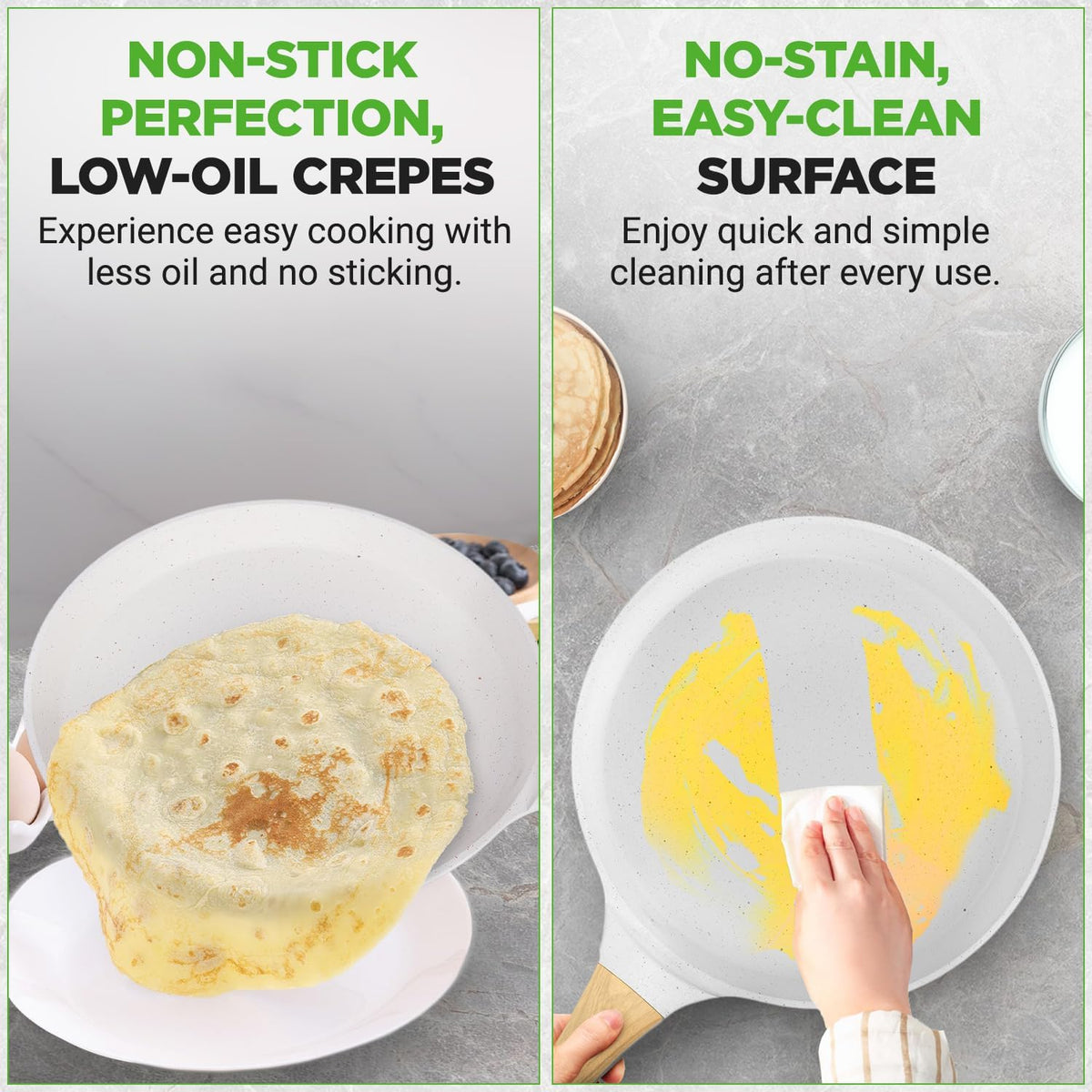 NutriChef 11” Non-Stick Crepe Pan with Wooden Spreader, Durable Marble Coated Dosa Pan, Bakelite And Wood Handle With Induction Bottom, Easy-to-Clean, Stain-Resistant (White Cream Marble)