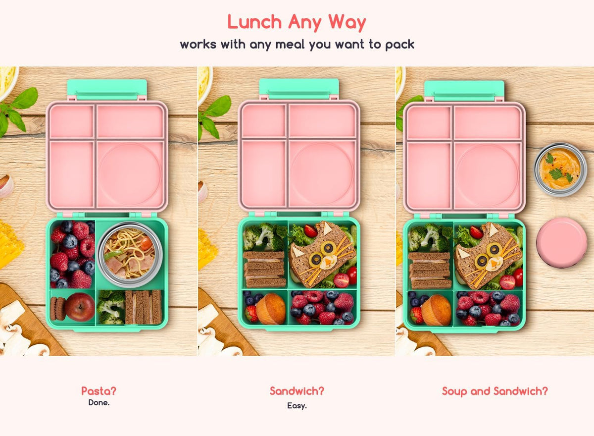 Bento Box for Kids - Leak-Proof Lunch Box with Insulated Thermos Food Jar - 4 Compartments, 1 Removable Divider, 1Spoon, 1 Fork - Dishwasher Safe, BPA-Free (Light pink)