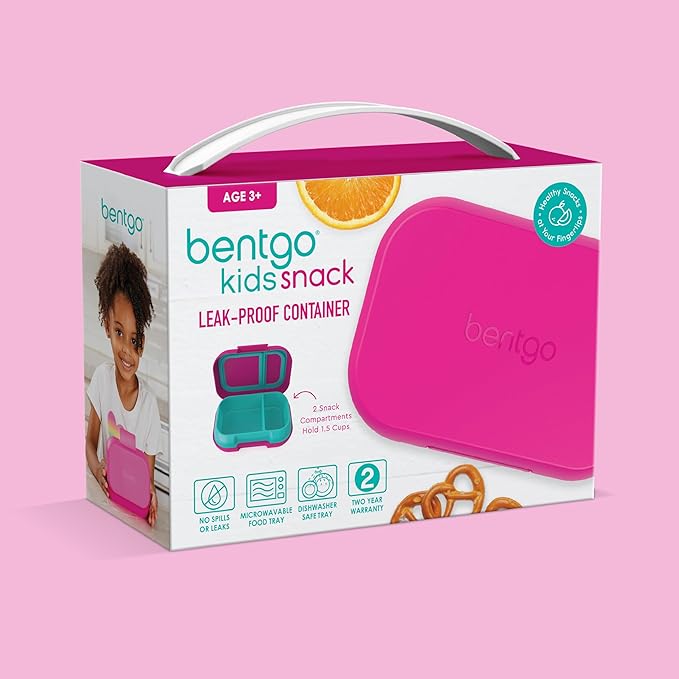 Bentgo Kids Snack - 2 Compartment Leak-Proof Bento Box Container for Snacks and Small Meals, Easy-Open Latch, Dishwasher Safe, BPA-Free for School, Daycare, & Sports - Ideal for Ages 3+ (Fuchsia/Teal)