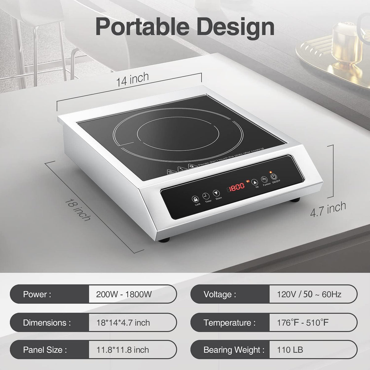 1800W Professional Commercial Induction Cooktop: 120V Stainless Steel Countertop Burner for RV, Small Restaurant, Catering Kitchen - Portable Hot Plate with 3-Hour Timer, Touch Panel
