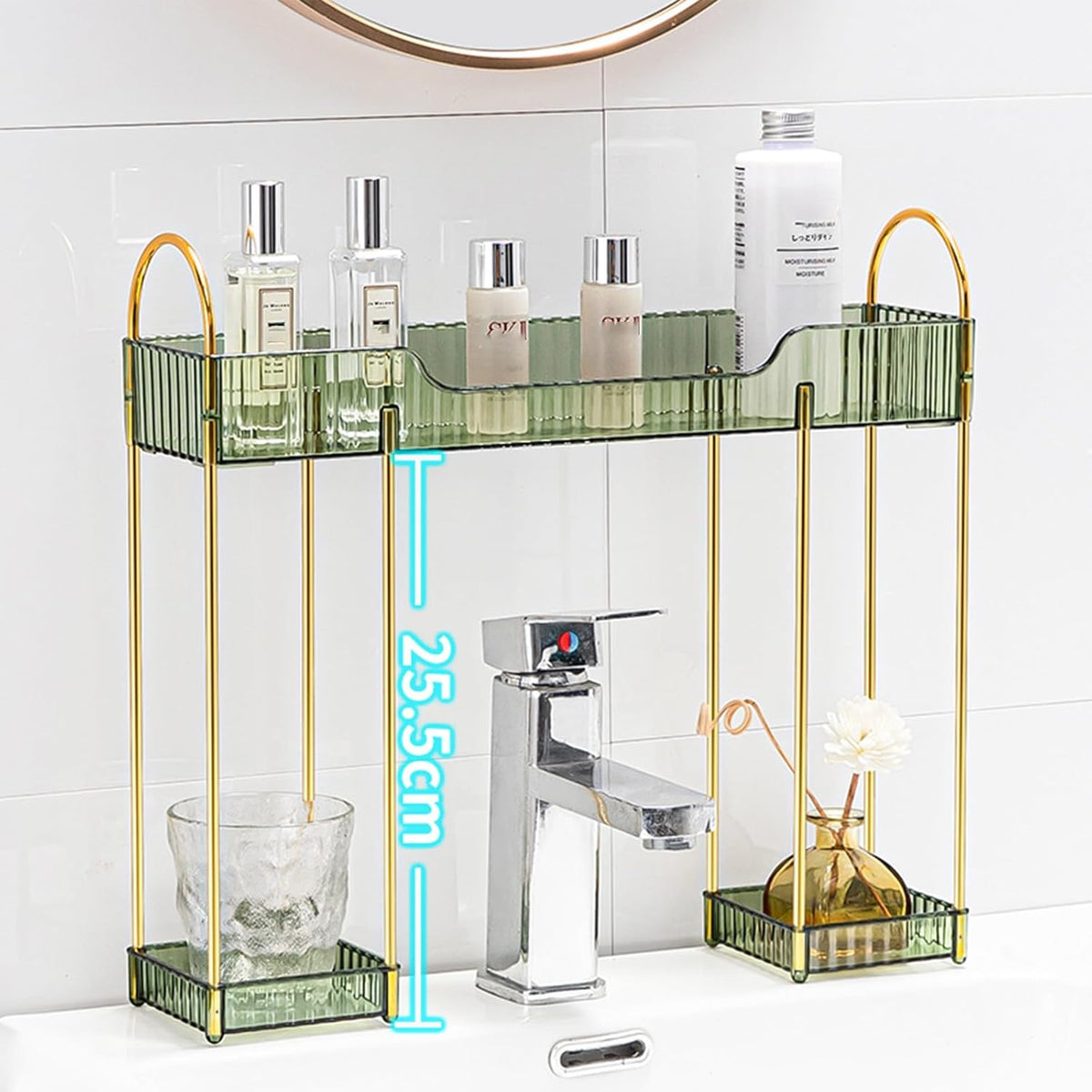 Makeup Organizer for Vanity,2-Tier Bathroom Sink Organizers Shelf Over Faucet Countertop Organizer Rack with Green Plastic Trays,n-Shaped Sink Storage for Bathroom Dresser