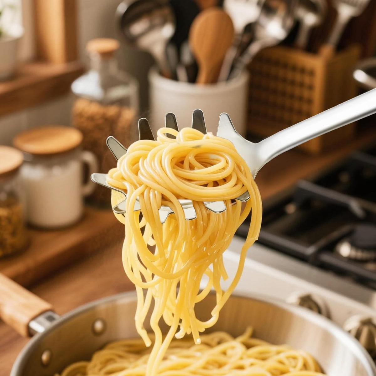 18/0 Stainless Steel Spaghetti Spoon & Slotted Spoon for Cooking, Heavy Duty Frying Spoon Pasta Strainer Skimmer, Cooking Utensils Commercial and Residential Use, Pack of 2