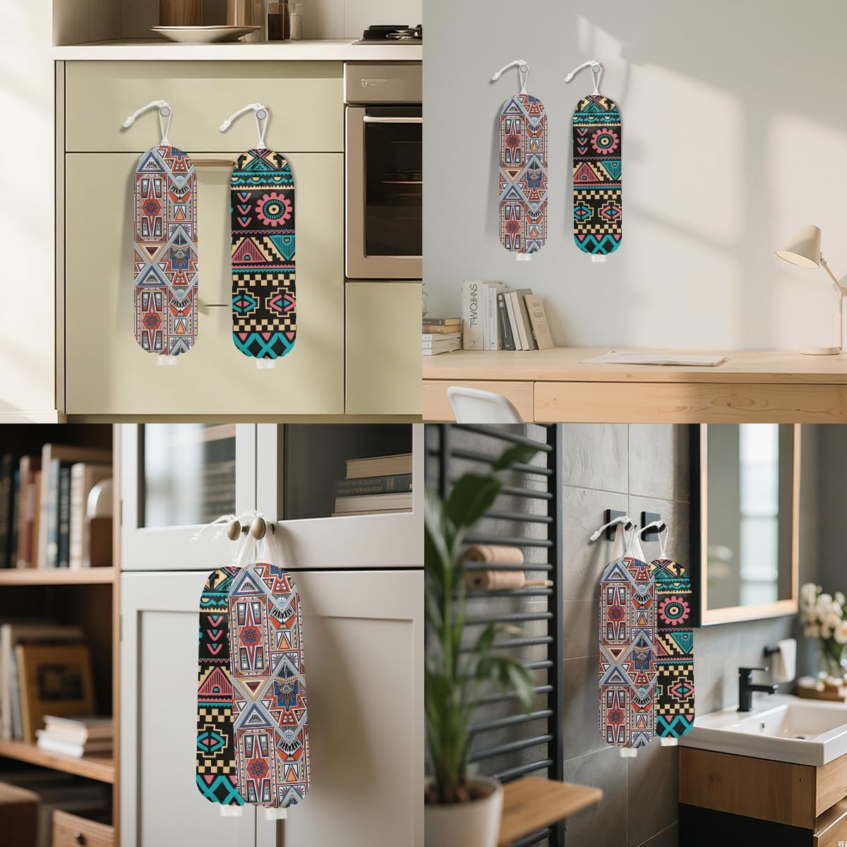 2 Pcs Retro Boho Plastic Bag Holder, Wall Mount Grocery Bag Holder for Plastic Bags, Abstract Art Farmhouse Kitchen Pantry Decor Reusable Grocery Bags Organizer Storage Dispenser
