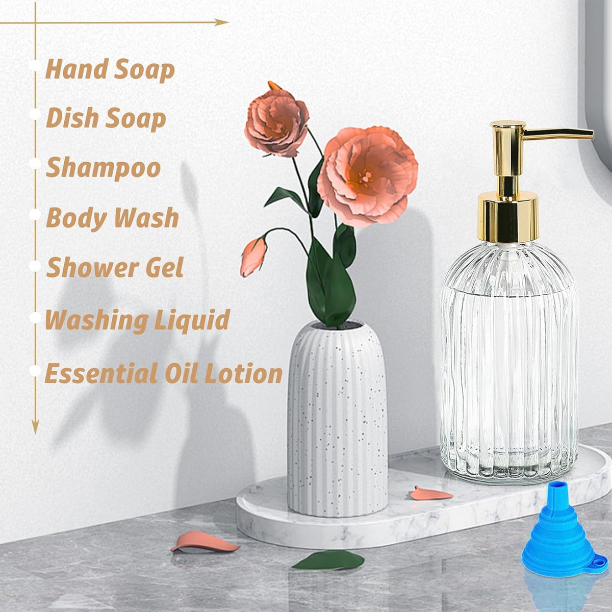 14Oz Gold Pump Glass Soap Dispenser, Clear Stripe Countertop Refillable Liquid Bottle Hand Dish Lotion Dispenser with Plastic Pump, for Kitchen, Bathroom