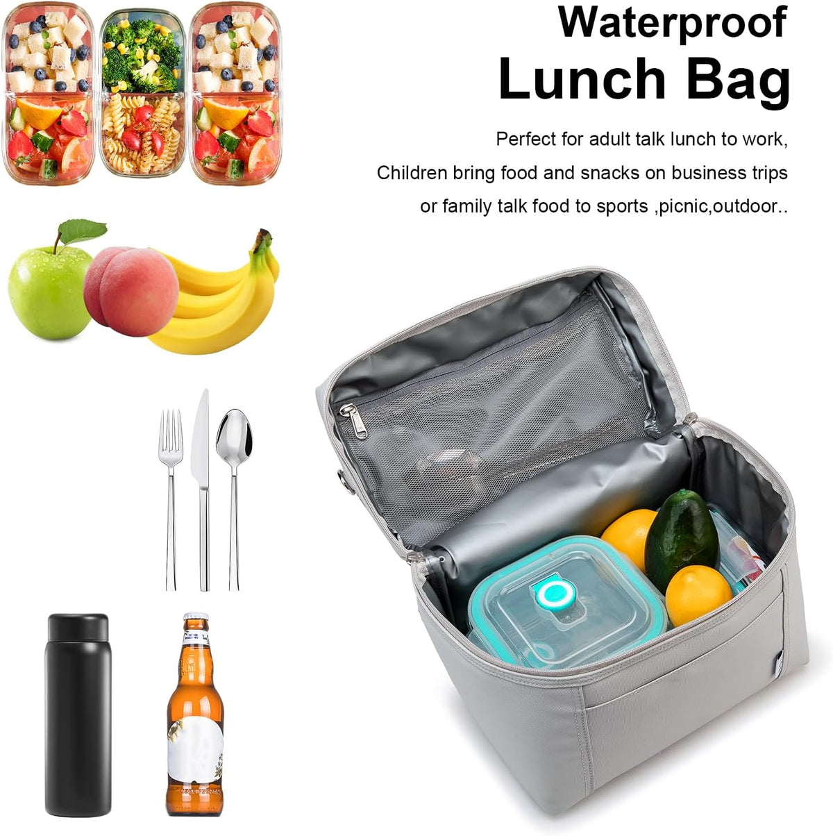 NOL Natural Organic Lifestyle Insulated Lunch Bags for Women Cooler Bag Lightweight Nylon Waterproof Lunch Box For Work (Small,Gray White)