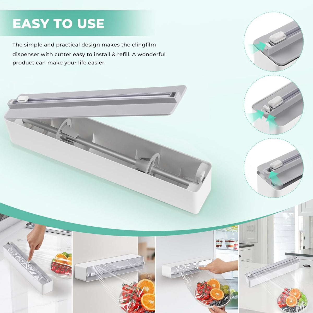 Magnetic Plastic Wrap Dispenser with Cutter - Quasziwa Upgrade Practical Refillable Cling Wrap Aluminum Tin Foil Organizer for Drawer, Include an Extra Roll of 12"X 164' Food Cling Film - Grey