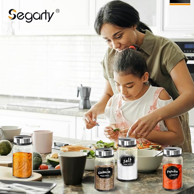 Segarty Glass Spice Jars with Shaker Lid, 6 Pack 6 oz Empty Spice Jar with Labels, Seasoning Containers Spices Bottles Set with 136 Stickers, 1 Chalk Pen, 1 Brush, Salt Pepper Shakers for Kitchen