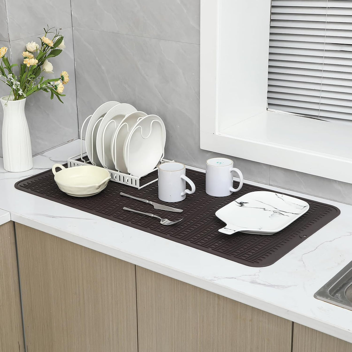 Silicone Dish Drying Mat for Multiple Usage,Easy clean,Eco-friendly,Heat-resistant Silicone Mat for Kitchen Counter or Sink,Refrigerator or Drawer Liner Coffee 5XL 36inches x 18inches