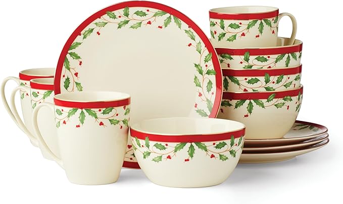 Lenox 894585 Holiday 12-Piece Dessert Set, Red & Green, 12 Count, Christmas Dinnerware, Hosting