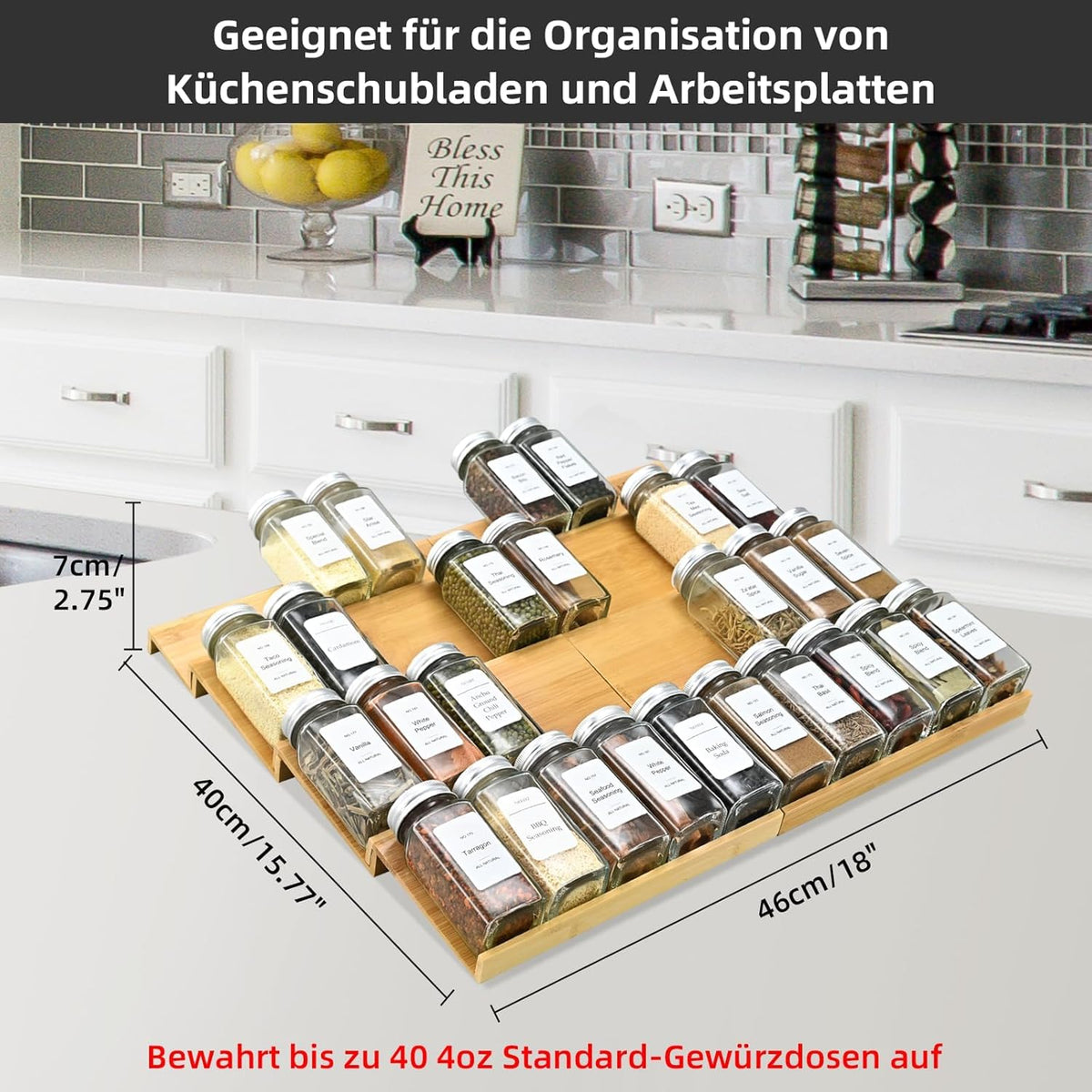 Spice Drawer Organzier,4 Tiers- 8Pcs Bamboo Spice Rack Tray Insert for Cabinet Drawer Countertop, Kitchen Seasoning Storage Drawer Organization,18" Wide x 15.8" Deep (Hold UP To 40 Jars