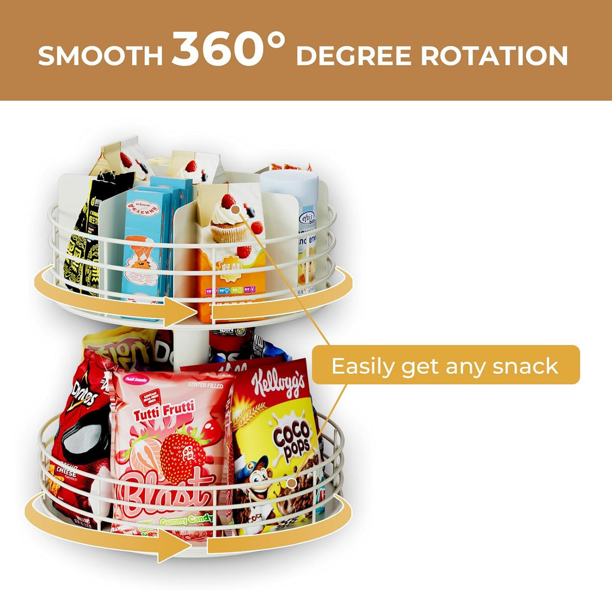 Snack Organizer - Versatile Snack Storage 2 Tier Lazy Susan with Convenient Grab-and-Go Design, Metal Snack Holder for Home, Office, Breakroom, 12.13" L x 12.13" W x 12.56" H (Matte White)