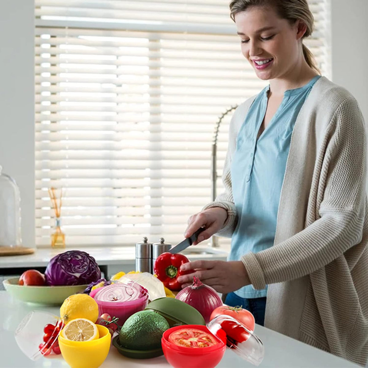 Vegetable and Fruit Storage Containers for Fridge, 4 Pcs BPA Free Reusable Food Saver - Tomato, Avocado, Onion, Lemon Keeper Holder - Refrigerator Vegetable Crisper for Keeping Food Fresh Longer
