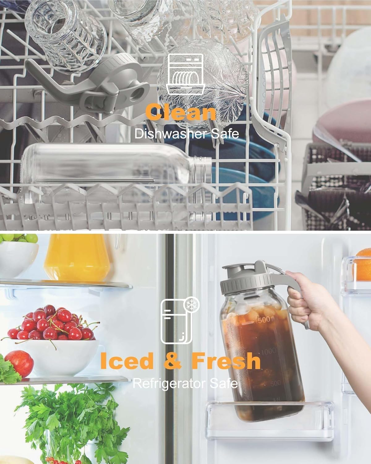 | 2 Pack | 64oz | Glass Pitcher with Lid Wide Mouth, 2 Quart (1.9 Liter) Mason Jar Pitcher with Lid and Spout, Leakproof Water Jug for Water, Juice, Tea, Iced Coffee, Milk Storage, Grey