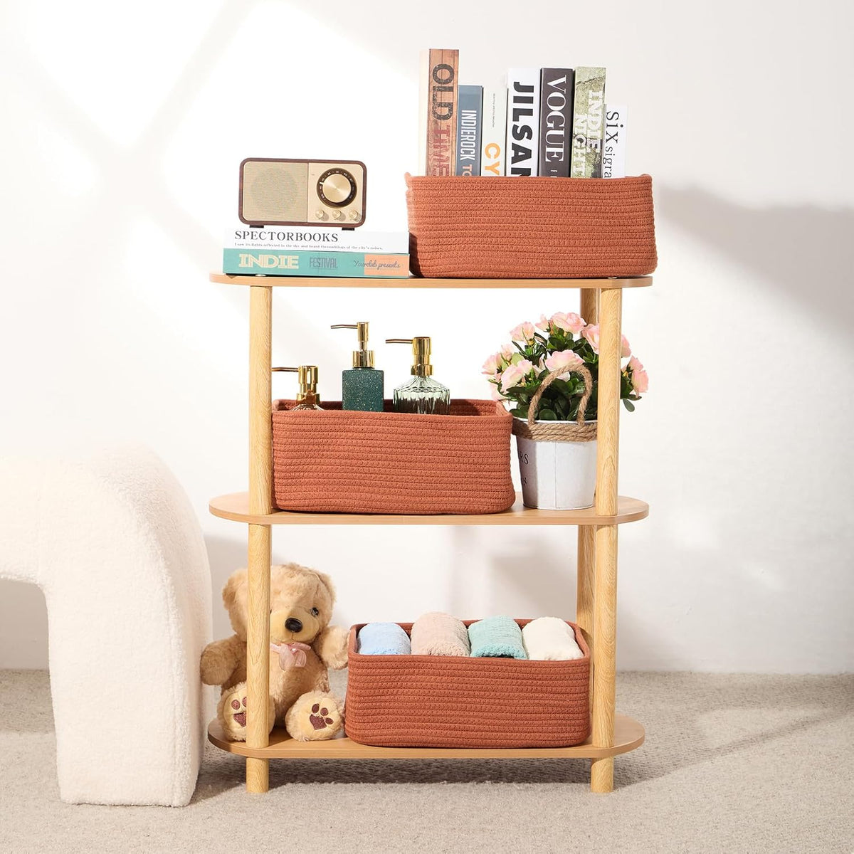 Small Storage Baskets for Organizing | Closet Organizer Bins | Shelf Toy Basket | Woven Rope Baskets | Cube Decorative Box | Shallow Basket | 13x8.5x5.1” | 3 Packs Oxide Red