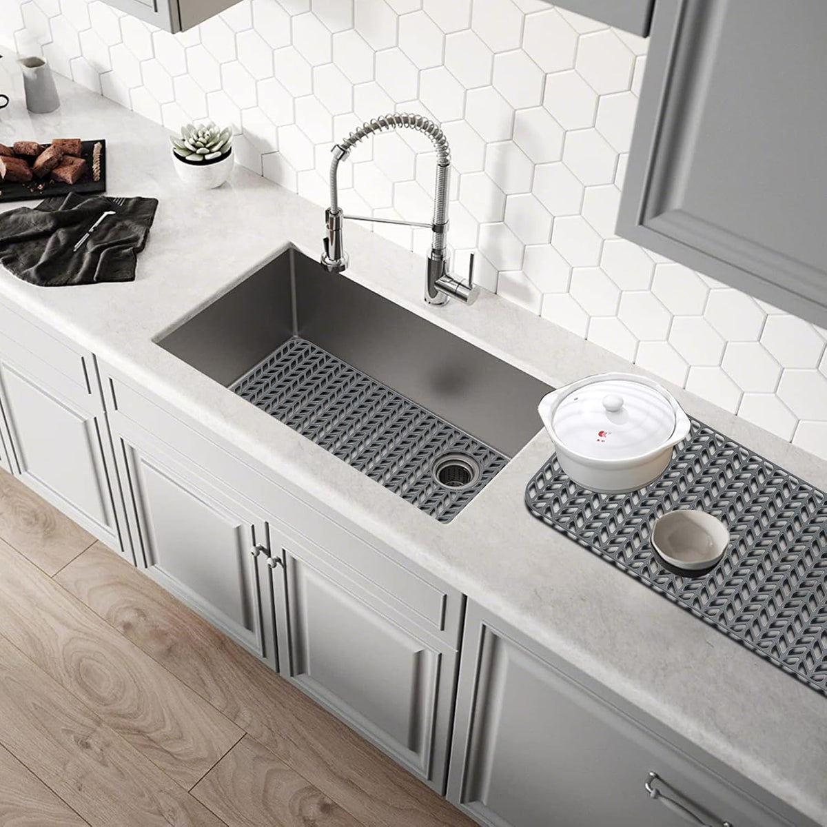 GUUKIN Sink Protectors for Kitchen Sink - 28.6"x 14.5" Silicone Kitchen Sink Mat Grid for Bottom of Farmhouse Stainless Steel Porcelain Sink with Right & Left Drain(Grey), 2814R