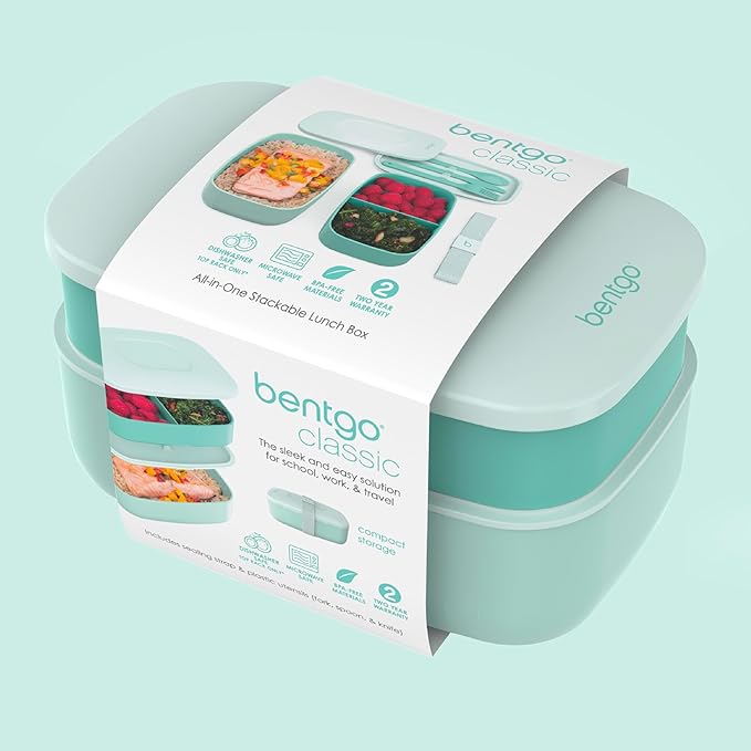 Bentgo Classic - Adult Bento Box, Stackable 3-Compartment Lunch Box with Removable Utensil Set and Sealing Strap, BPA-Free, Food Container Ideal for Meal Prep, Work, and On the Go (Coastal Aqua)