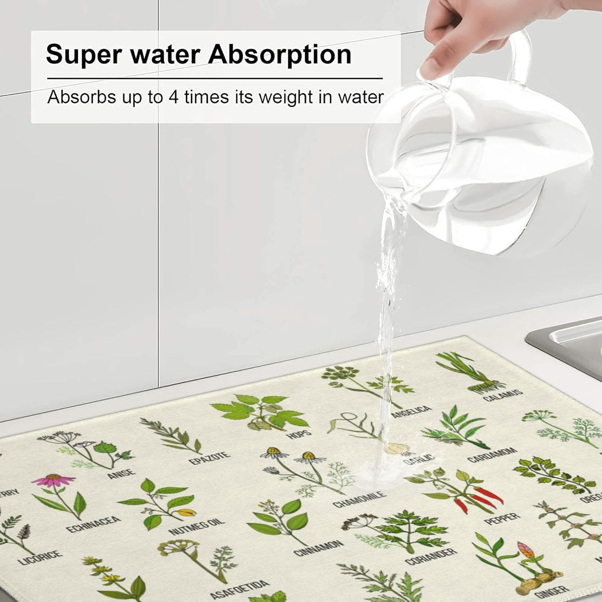 Cute Herbs Botanic Garden Plants Dish Drying Mat for Kitchen Counter Modern Drying Pad 18x24 Inch Absorbent Reversible Dish Drainer Rack Mats