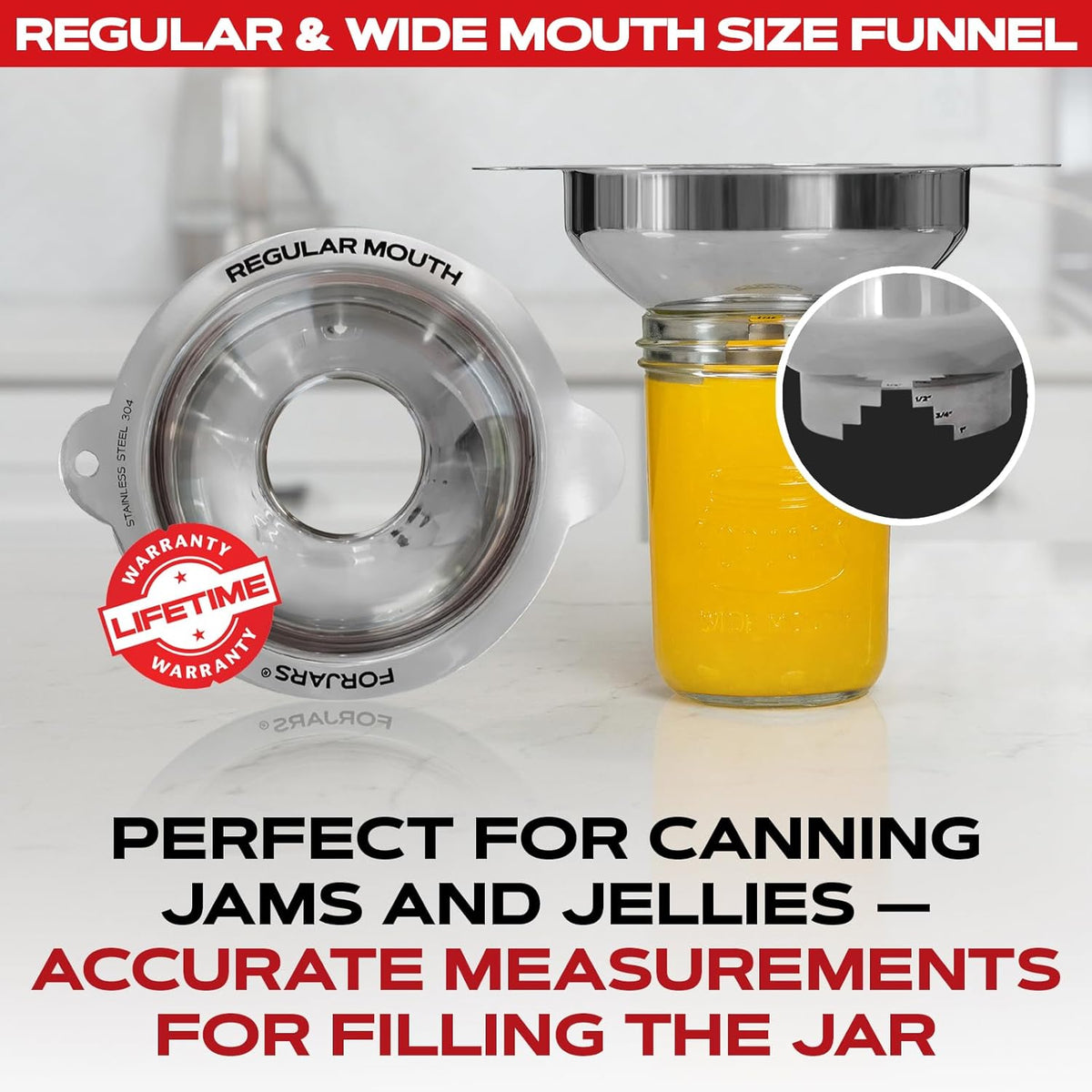 FORJARS Canning Funnel Set - with Strainer for Wide and Regular Mason Jars and Food Funnels for Transferring Oils - Durable, Small, Stainless Steel Kitchen Funnel Set - Canning Supplies Kit
