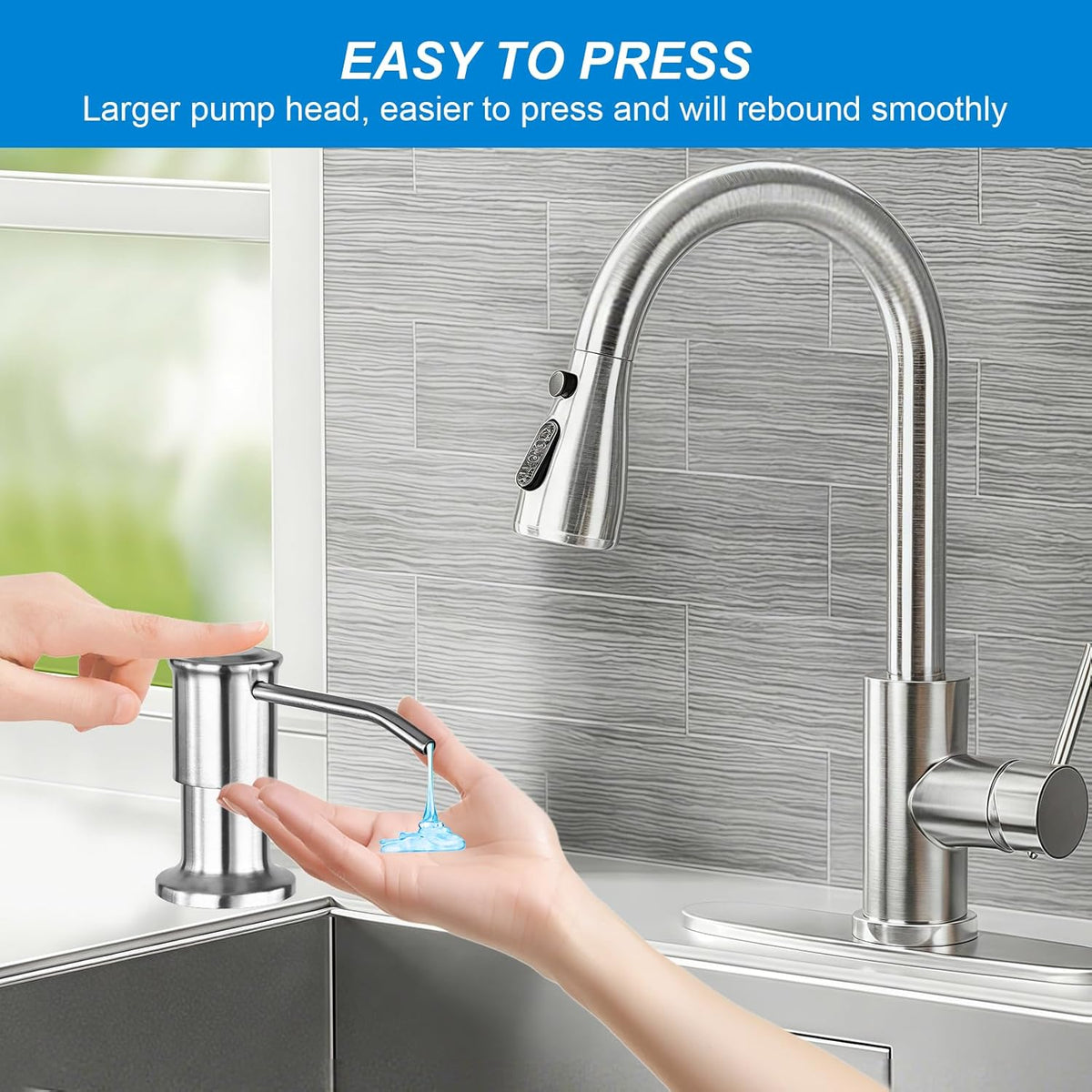 Soap Dispenser for Kitchen Sink, Upgrade Built in Sink Soap Dispenser Brushed Nickel, Countertop Sink Soap Dispenser Pump with 47" Extension Tube kit, No Need More Refills