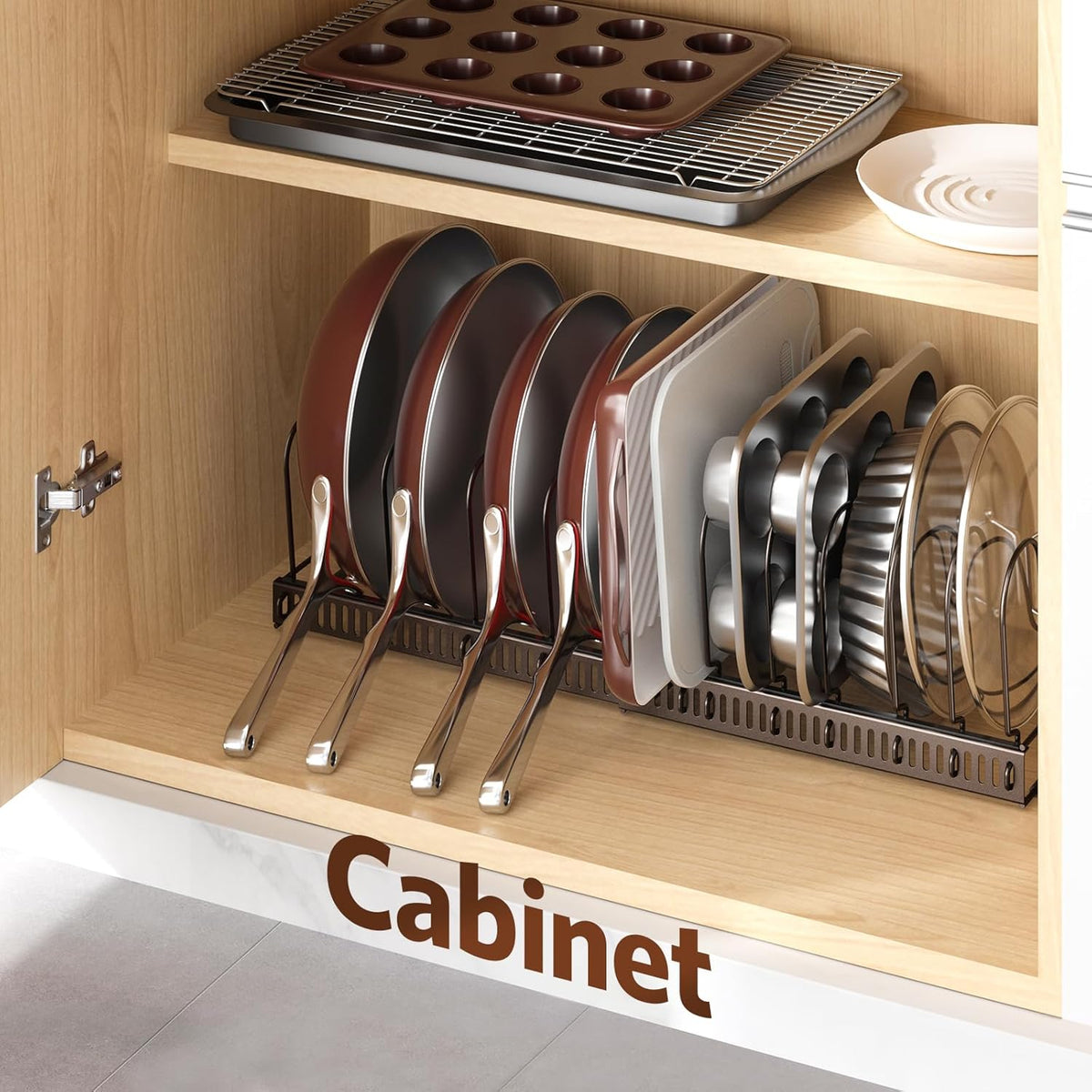 ORDORA Pots and Pans Organizer under Cabinet with Pan Holder: Expandable 11.8"-22.8" Kitchen Cabinet Organizer Rack, 12 Adjustable Dividers Storage for Cookie Sheets, Cutting Boards & Lid, Bronze