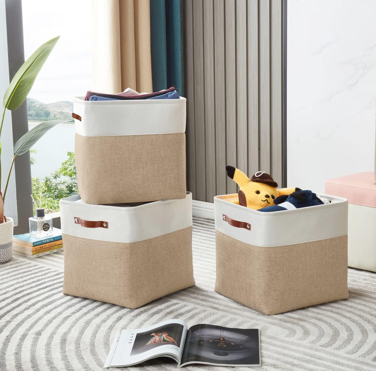 DECOMOMO 13 Inch Cube Storage Bins, Fabric Storage Cube, Basket for Kallax Shelves (Beige & White, Cube 13" - 4 Pack)