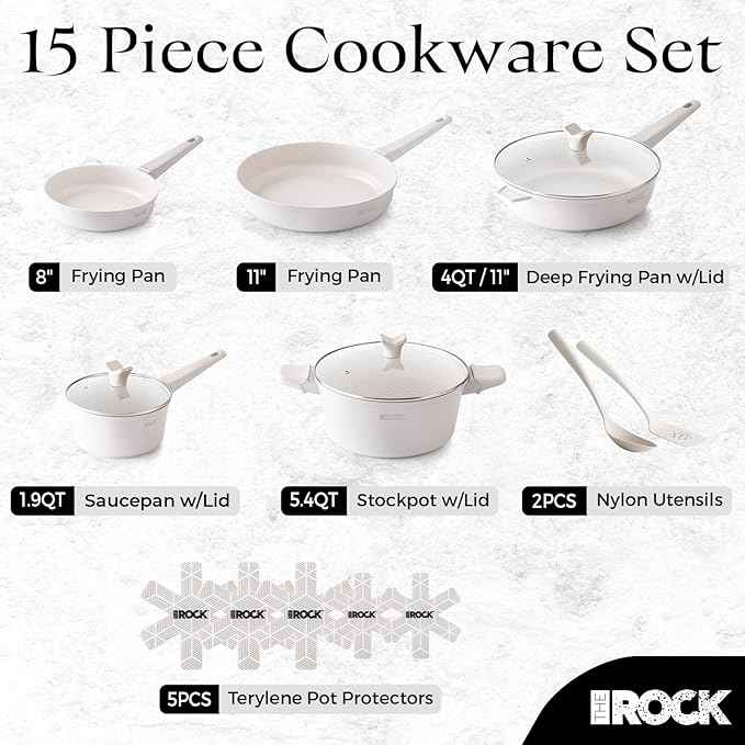 THE ROCK SOHO 15Pcs Ceramic Cookware Set – Non toxic Pots and Pans Set Non Stick with ROCK.TEC – Nothing Sticks, Never Warps, Lasts Longer, PTFE PFOA & PFAS Free, Induction & Dishwasher Safe, Cream