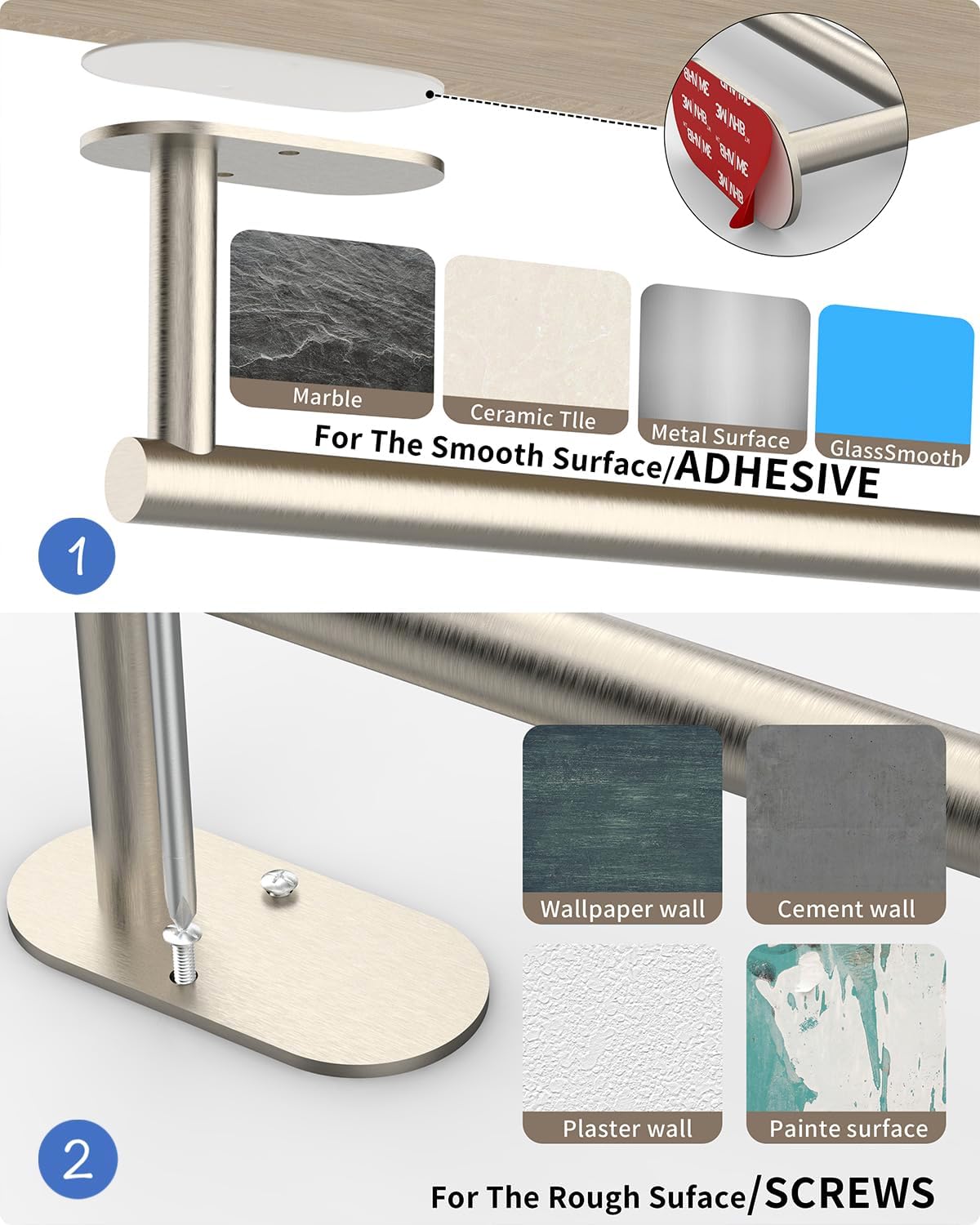 Paper Towel Holder Under Cabinet, Self Adhesive or Wall Mounted SUS304 Stainless Steel Paper Towel Holder for Kitchen, Bathroom(2 Towel Hooks, Silver)