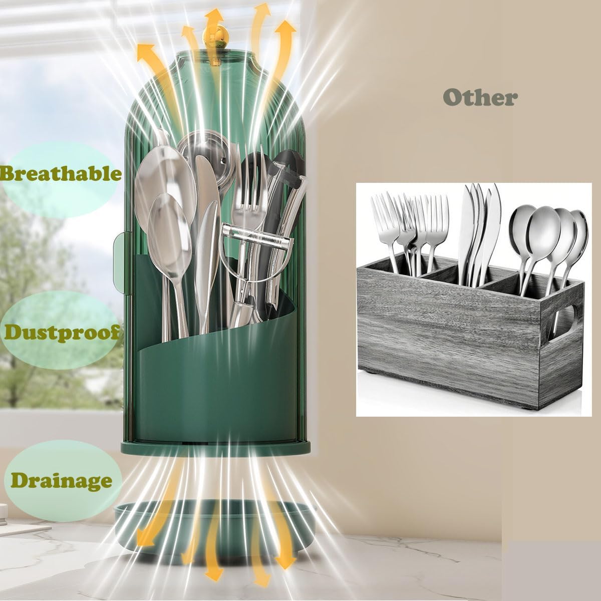 JEESA Utensil Holder with Lid, 360° Rotating Flatware Organizer for Cutlery Spoon Fork(H Less 8"), Silverware Caddy Organizer Drainage Dustproof Flatware Holder Kitchen Countertop Storage, Green