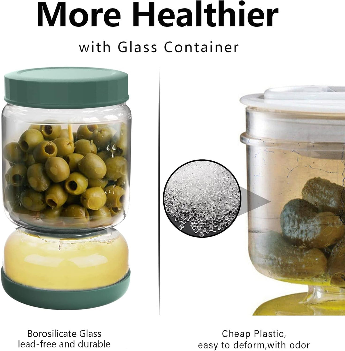 WhiteRhino Glass Pickle Jar,34oz Olive Hourglass Jar with Strainer,Airtight Glass Jar Pickle Juice Separator Flip Pickle Jar for Gherkin Jalapeno