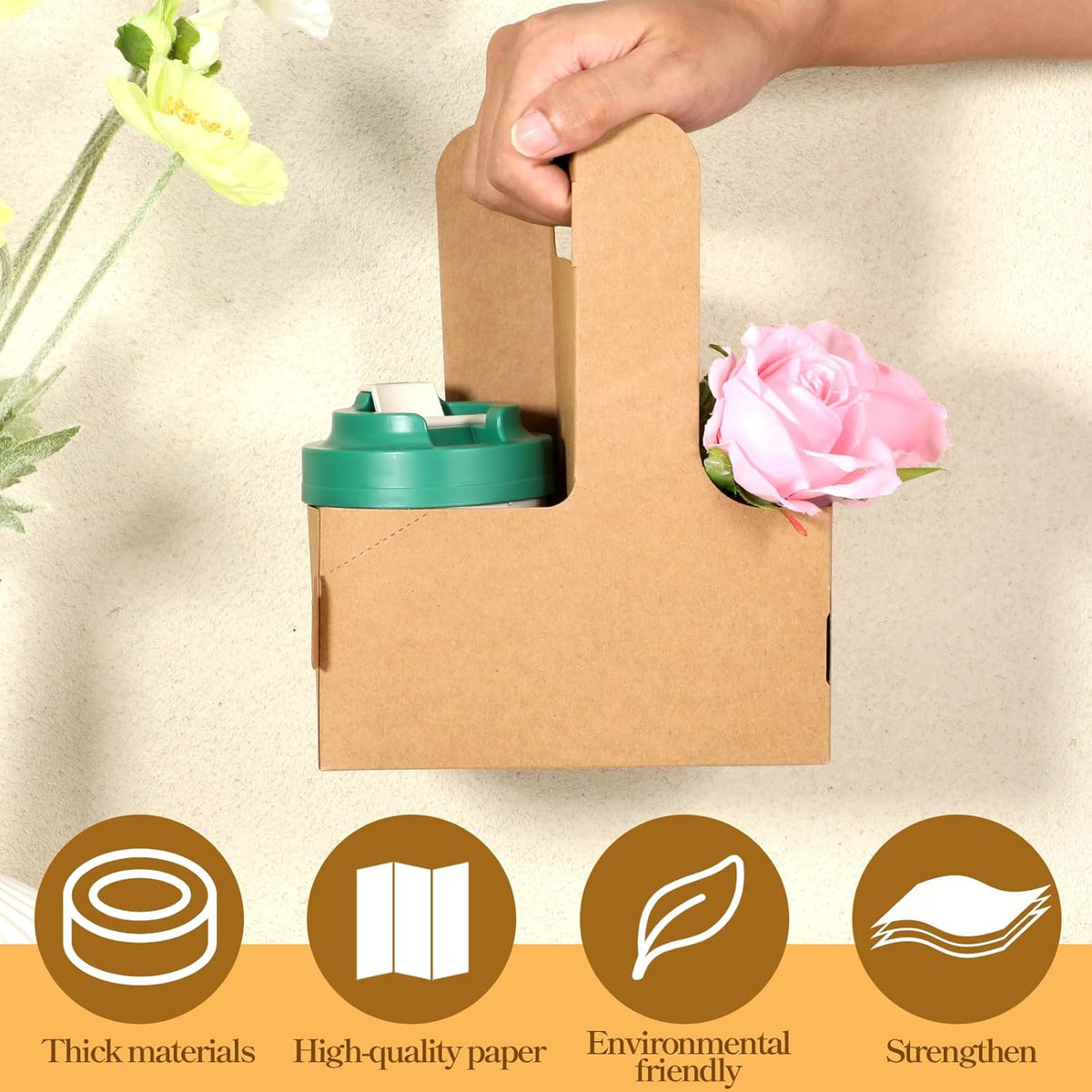 100 Pack 2-Cup/4-Cup Paper Drink Carrier with Handles, Disposable Brown Paperboard Cup Holder for Delivery Foldable Beverage Tray for Hot/Cold Drinks, Coffee to Go, Takeout