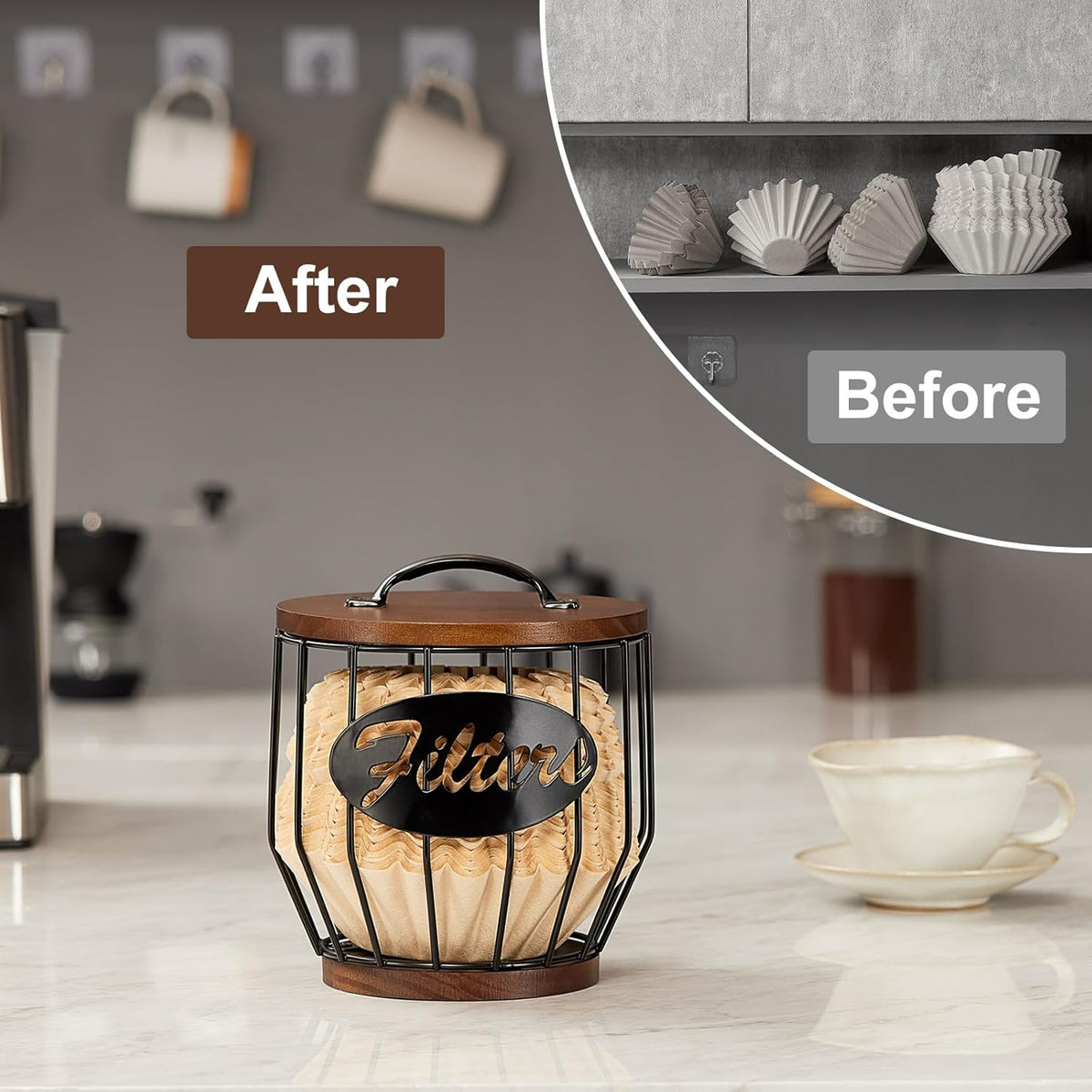 Yangbaga 8-12 Cup Coffee Filters Holder with Wood Lid,Large Capacity Coffee Filter Storage Canister Container Basket,Black Wire K Cup Storage Basket,Coffee Bar Accessories decor