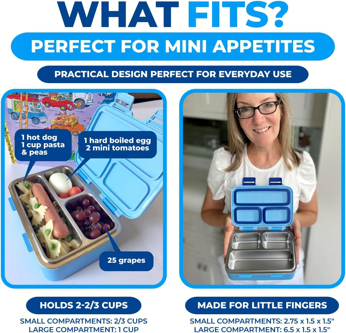 Stainless Steel Lunch Box for Baby Toddlers Boys, Mini Bento, 3 Eco Metal Portion Sections Leakproof Lid, Pre-School Daycare Lunches, Kids Spill-Proof Snack Container, 18 oz/ 550 mL Blue Cute Monster