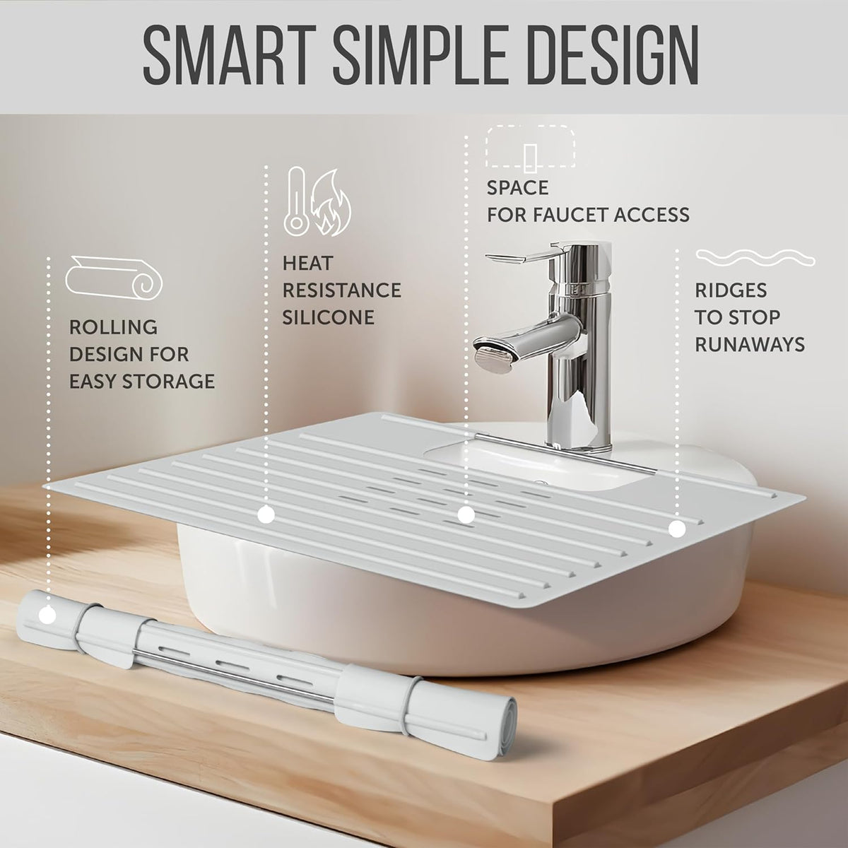 Maplefield Bathroom Sink Cover for Counter Space, Heat Resistant Silicone Sink Mat for Your Beauty Routine, Small Bathroom Space Saver Sink Cover for Makeup (Gray Large, 22 x 2 x 2 Inches)