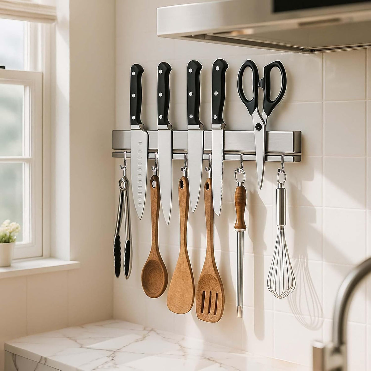 12 Inch Magnetic Knife Holder for Wall, Adhesive Knife Magnetic Strip No Drilling with 6 Hooks, Powerful Magnetic Knife Strip, Magnetic tool Holder for Kitchen Knives & Utensils (Silver)