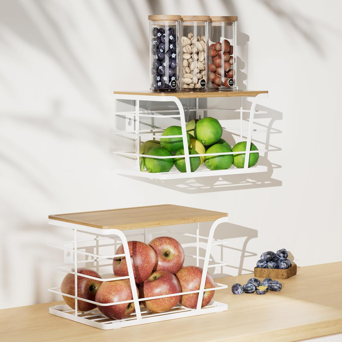 Extra Large 2 Pack Stackable Pantry Organizers - Laundry Room Organization & Decor, Kitchen Decor, Wall Mount Trash Bag Holder with Bamboo Top, White
