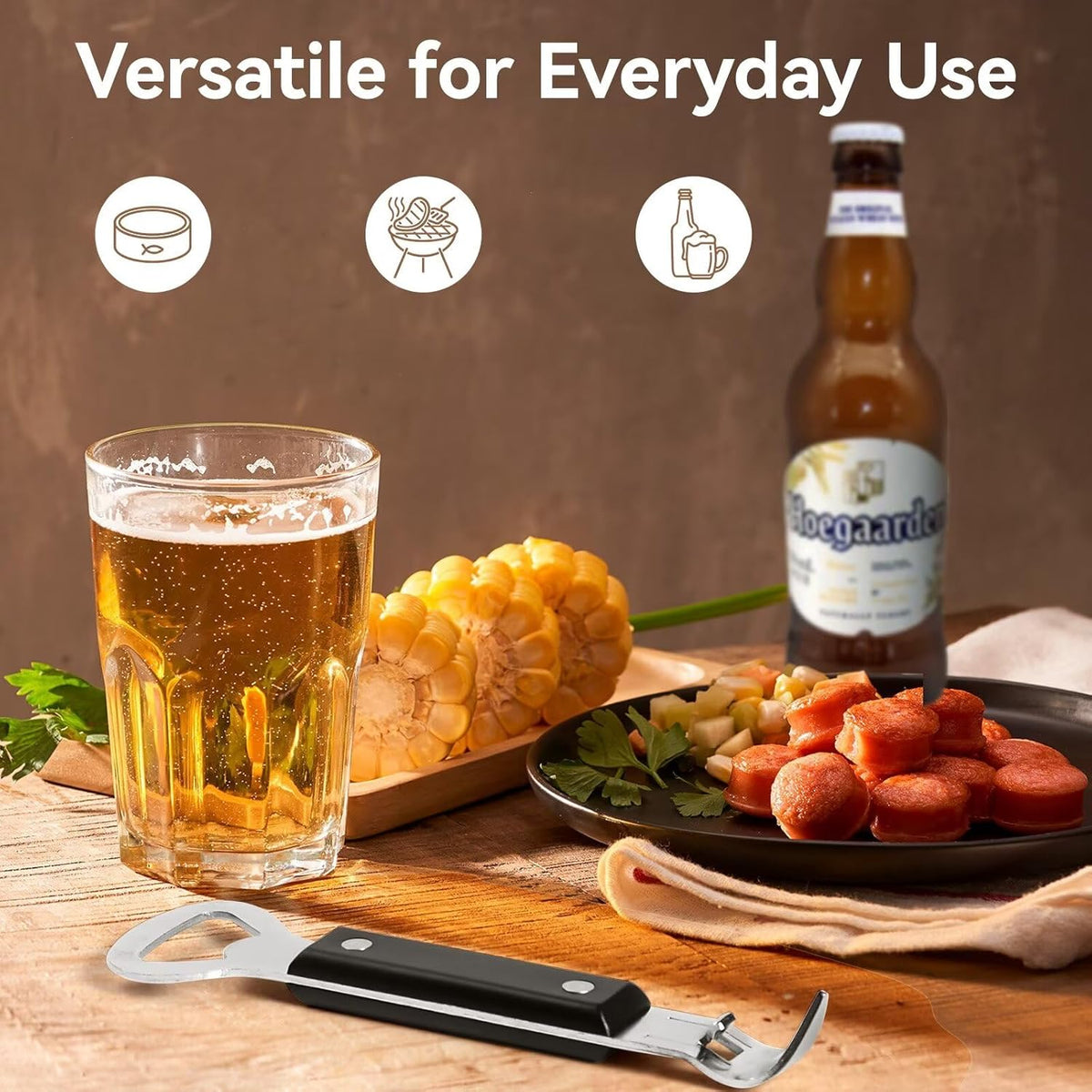 Can Punch Opener with Non-Slip Handle, 2-in-1 Stainless Steel Beer Bottle and Can Opener, Rust-Resistant and Compact, for Kitchen, Bar, Camping