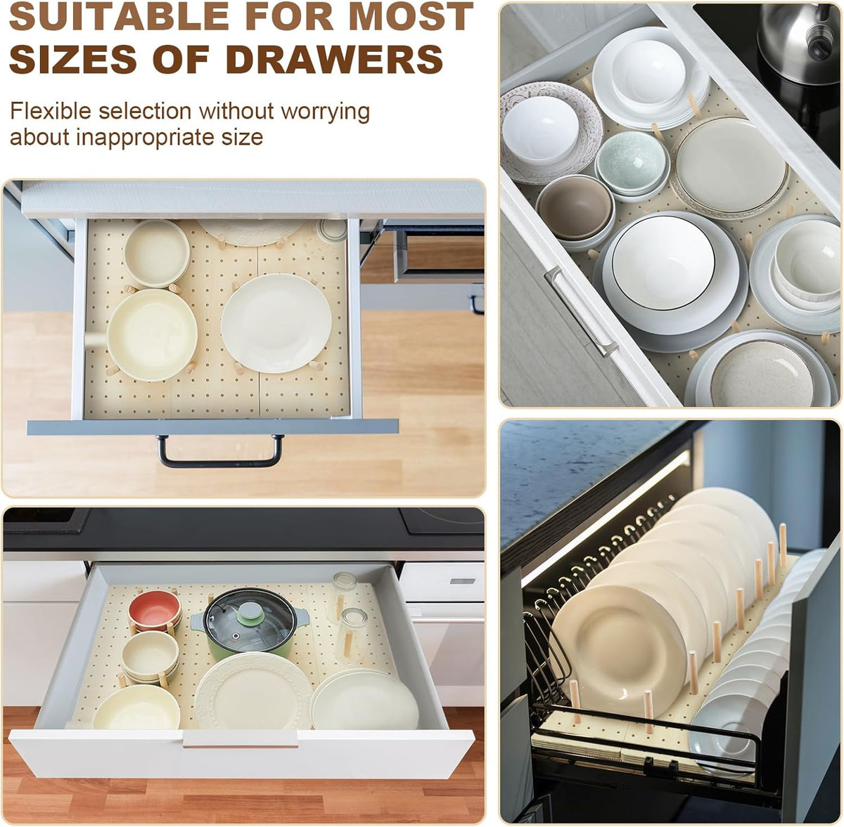 Kigley 12 Pcs Pegboard Drawer Organizer with 96 Drawer Peg Wood Peg Board Wooden Kitchen Plate Organizer for Dishes Food Containers Cookware Utensils(21 Inch,Wood Color)