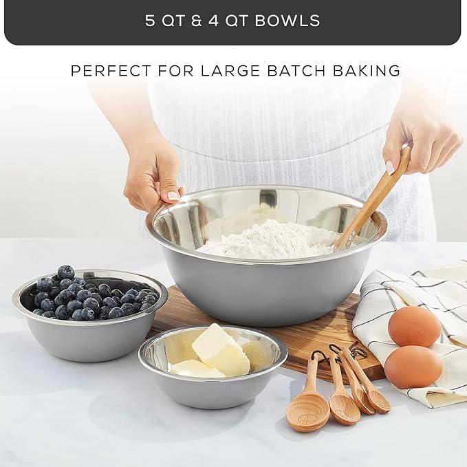 JoyJolt Stainless Steel Mixing Bowl Set of 6 Bowls (Grey). 5qt Large to 0.5qt Small Metal Bowl. Kitchen, Cooking and Storage Nesting Bowls. Dough, Batter Baking Gray