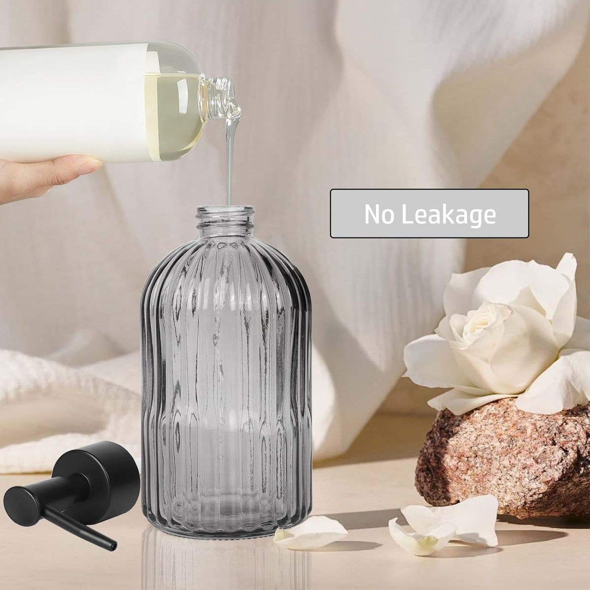 14Oz Black Pump Glass Soap Dispenser, Gray Stripe Countertop Refillable Liquid Bottle Hand Dish Lotion Dispenser with Plastic Pump, for Kitchen, Bathroom