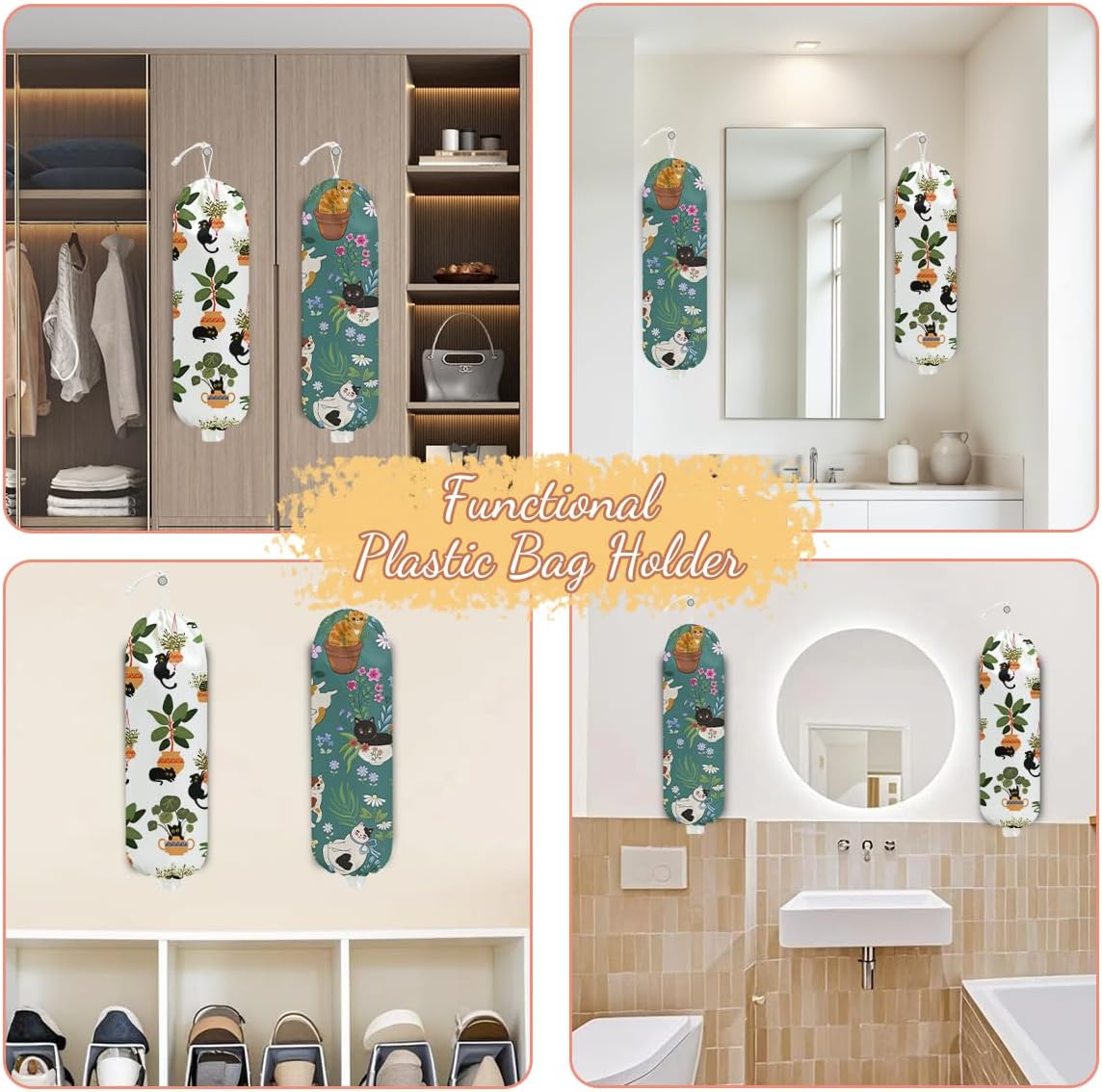 2 Pcs Cute Cat Plastic Bag Holder, Floral Plastic Storage bag Holders for Grocery Bags, Washable Large Grocery Bags Storage Dispenser for Home Kitchen Pantry Decor, Cat Lover Gifts for Women